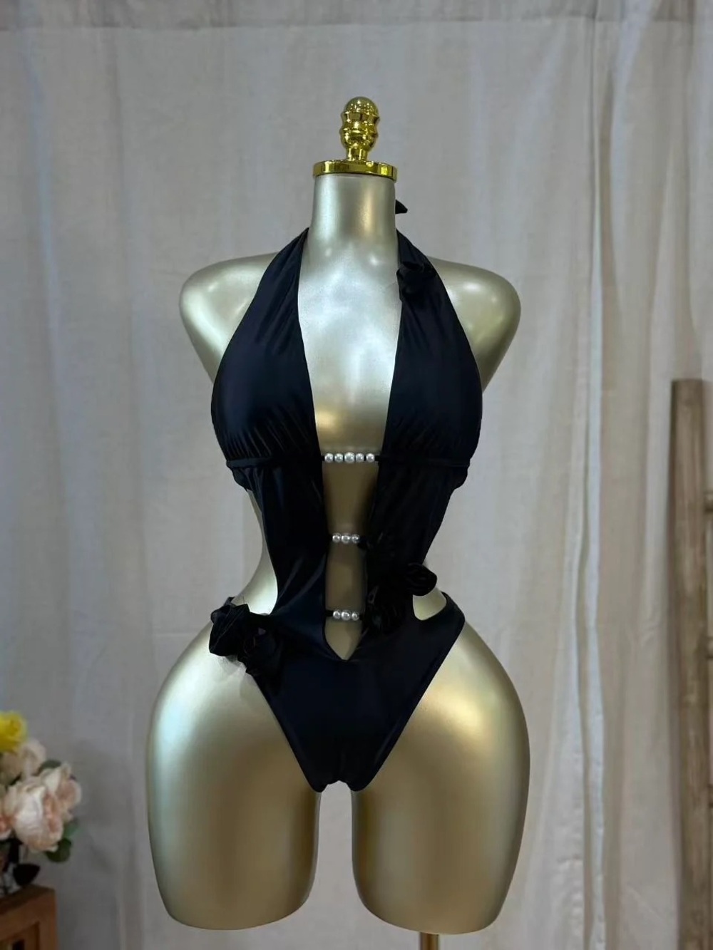 Black Halter One-Piece Swimsuit with Pearl Accents and Rose Embellishments